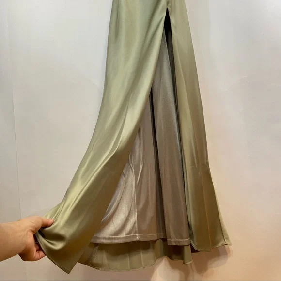 Revelry Steph Silver Sage Satin Front Slit Bow Back Long Dress Size 0 Prom Party - Picture 9 of 13